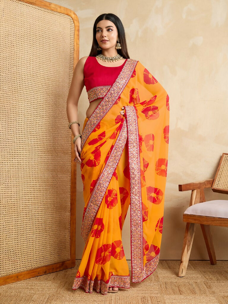 Yellow Georgette Printed Designer, Embroidery Work Lace Border Saree - Aarvi | Grocsy