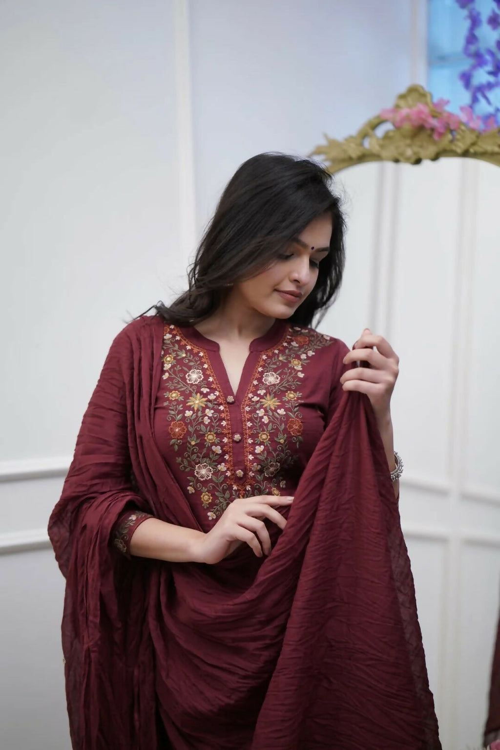 The52 Women's Beautiful Rayon Slub Fabric Thread Work Straight Kurta Pant and Dupatta Set | Grocsy
