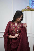 The52 Women's Beautiful Rayon Slub Fabric Thread Work Straight Kurta Pant and Dupatta Set | Grocsy