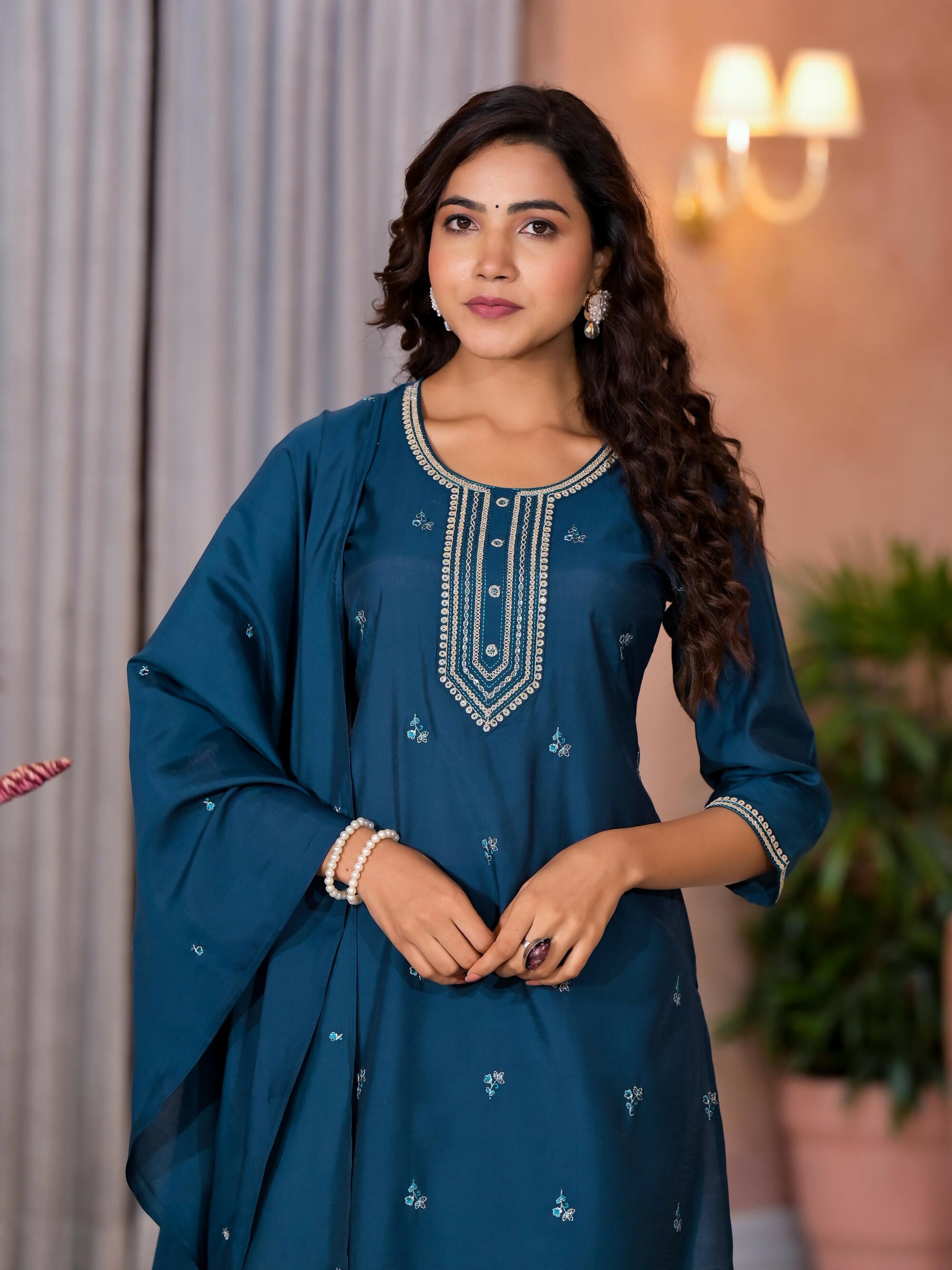 Juniper Women's Teal Thread Work Embroidered Viscose Kurta Pant And Dupatta Set With Buttons Work | Grocsy