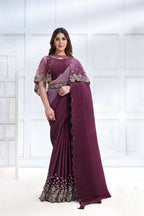 Wine Crepe satin silk Texture with Cord & Sequence Embroidered and Stone work Saree - Mohmanthan Majestica | Grocsy