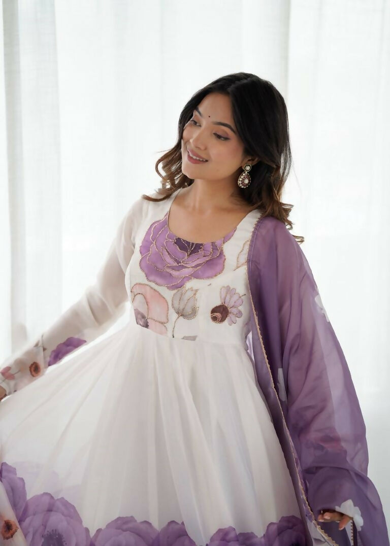 Teeya Creation Violet Color Soft organza Silk Digital Print Party Wear Gown | Grocsy