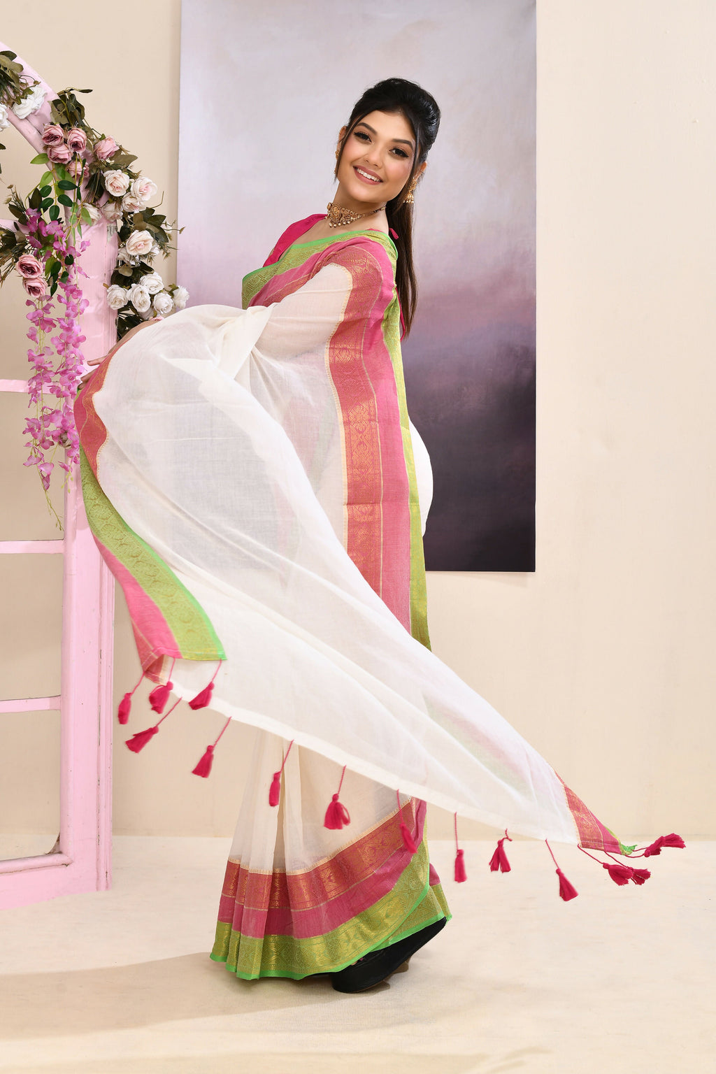Piyari Fashion Women's Off White Embellished Zari Border Cotton Saree | Grocsy