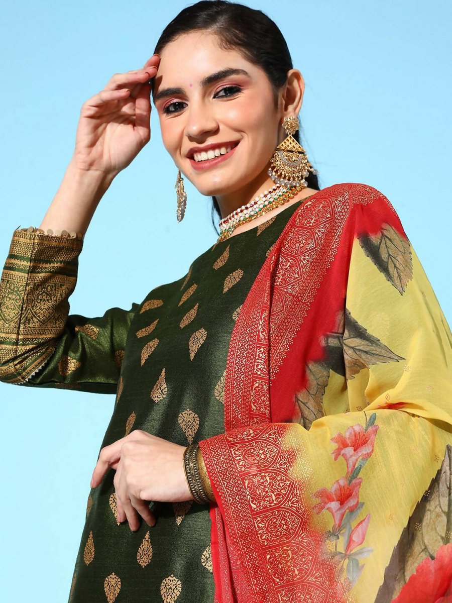 Ahalyaa Women's Olive Colour Poly Silk Gold Printed Kurta Pant Set With Dupatta | Grocsy