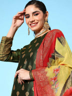 Ahalyaa Women's Olive Colour Poly Silk Gold Printed Kurta Pant Set With Dupatta | Grocsy