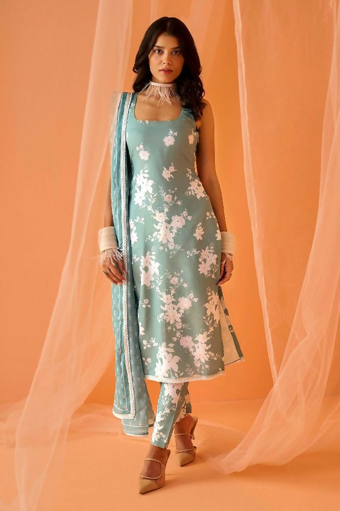 Teeya Creation Sea Green Color Designer Chinnon Silk Digital Print Kurt | Grocsy