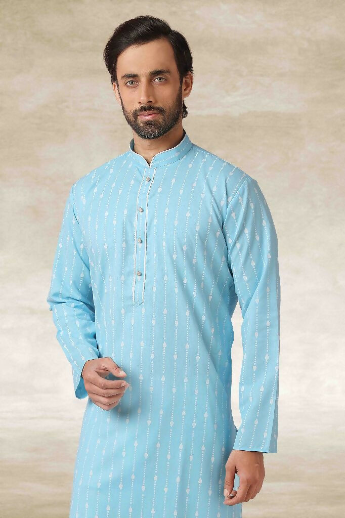 Raivat Ethnic Cotton Printed Work Kurta Pajama In Sky Blue Colour | Grocsy