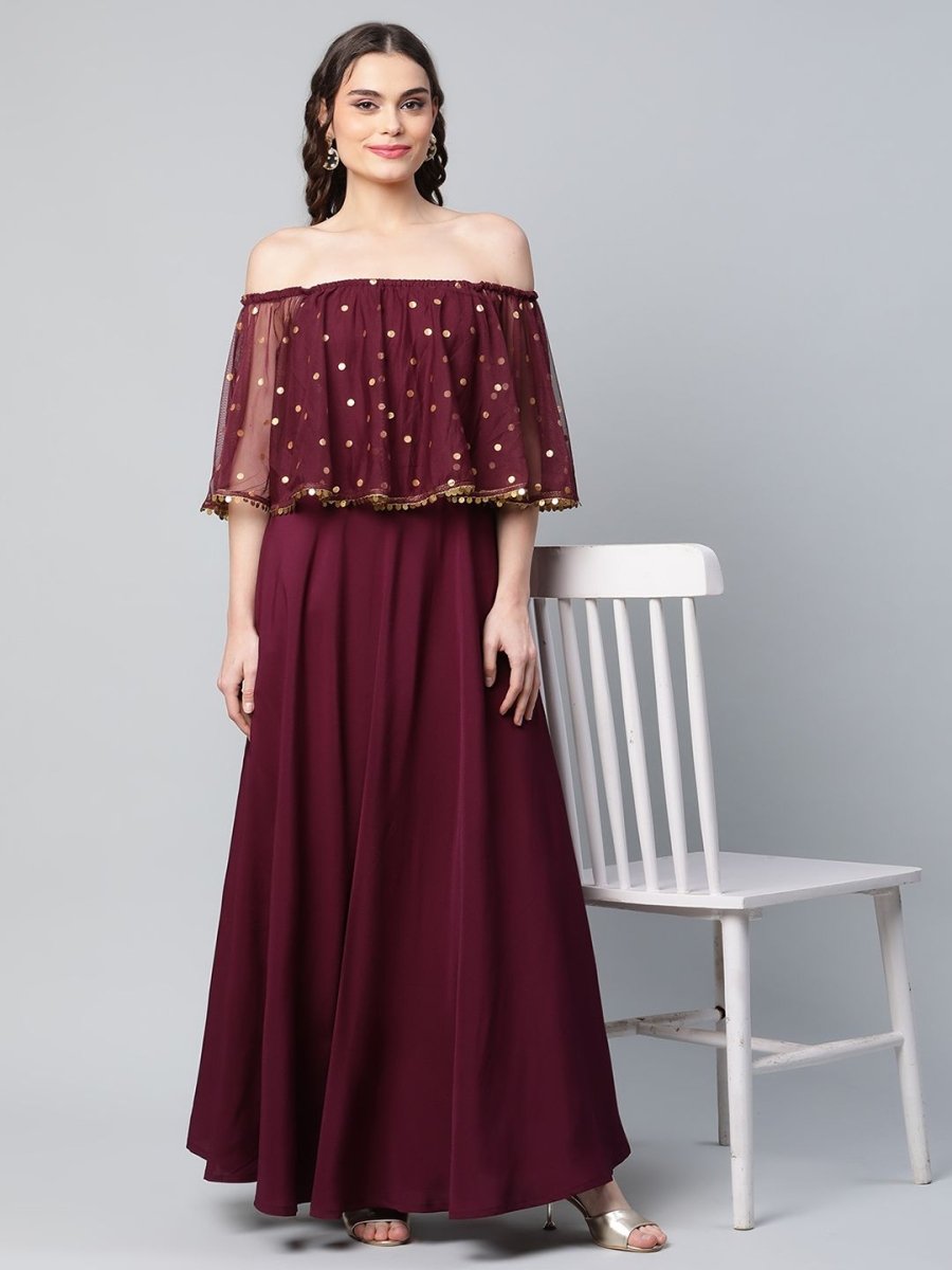 Ahalyaa Women Wine Colour Crepe & Net Gold Printed Dress | Grocsy