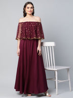 Ahalyaa Women Wine Colour Crepe & Net Gold Printed Dress | Grocsy