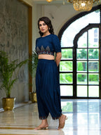 Juniper Women's Navy Thread Embroidered Rayon Top & Dhoti Pant Set | Grocsy