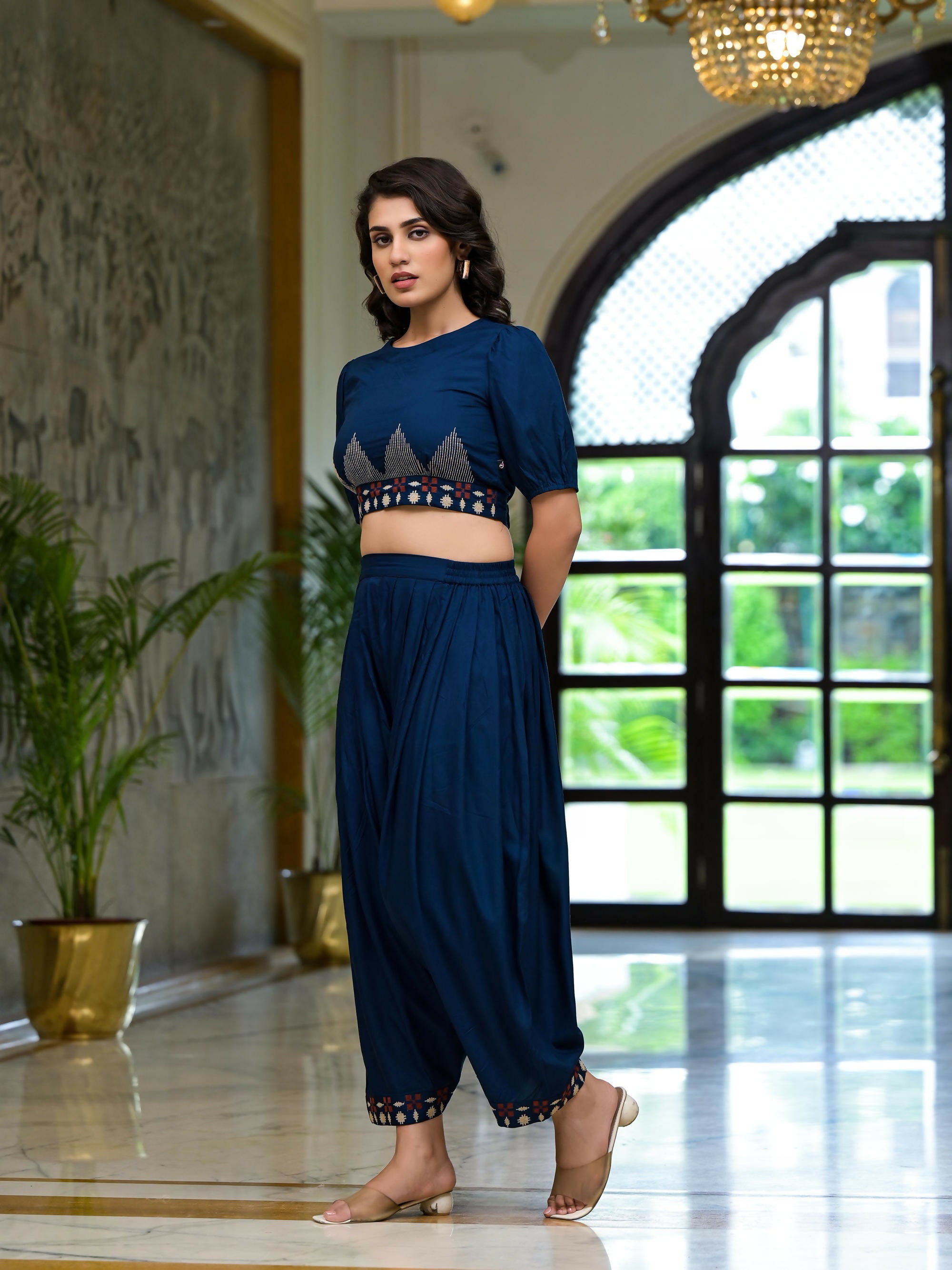 Juniper Women's Navy Thread Embroidered Rayon Top & Dhoti Pant Set | Grocsy
