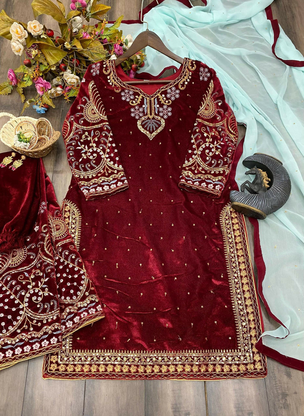 Vastranavya Maroon Viscose Velvet Cording Sequence Embroidery Work Suit With Dupatta | Grocsy