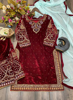 Vastranavya Maroon Viscose Velvet Cording Sequence Embroidery Work Suit With Dupatta | Grocsy