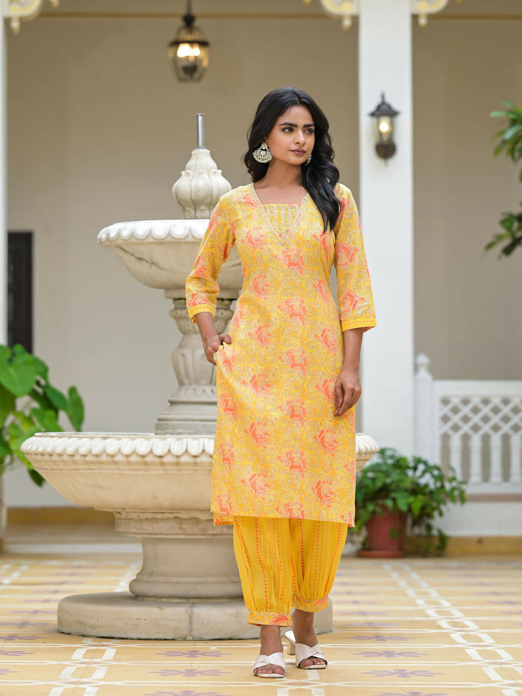 Juniper Women's Yellow Ethnic Motif Printed Cotton Kurta Pant With Dupatta Set With Sequins & Lace | Grocsy