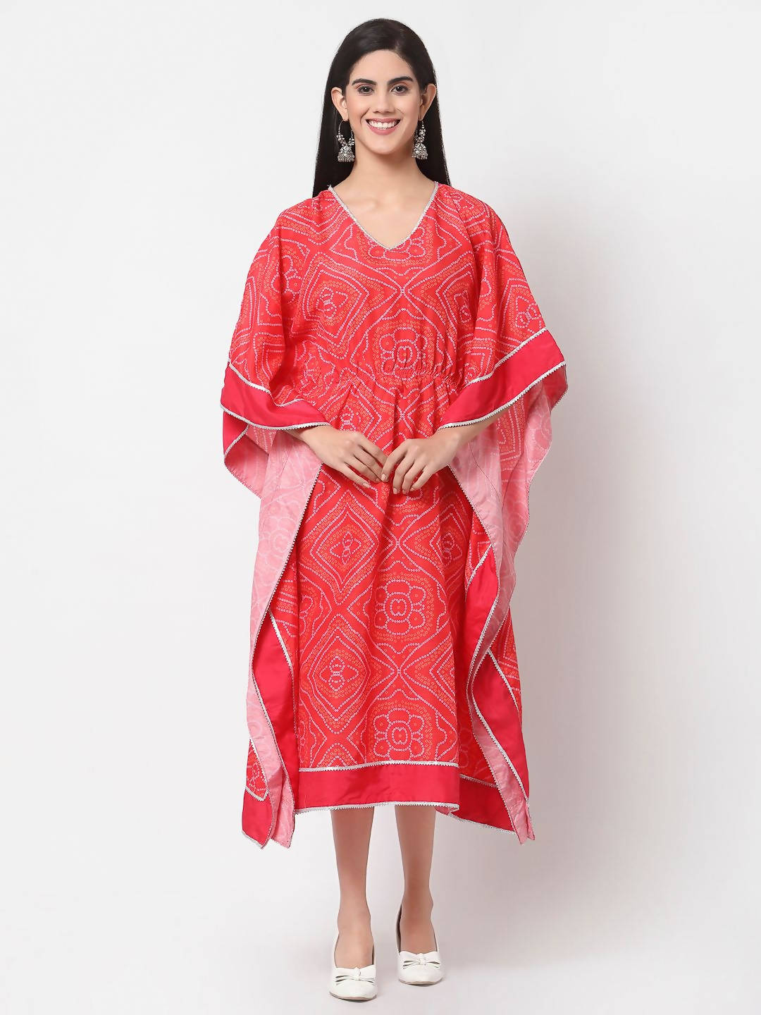 Myshka Pink Cotton Printed 3/4 Sleeve V Neck Casual Kaftan | Grocsy