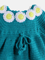 Chutput Kids Woollen Hand Knitted Full Sleeves Daisy Detail Dress For Baby Girls - Sea Green | Grocsy