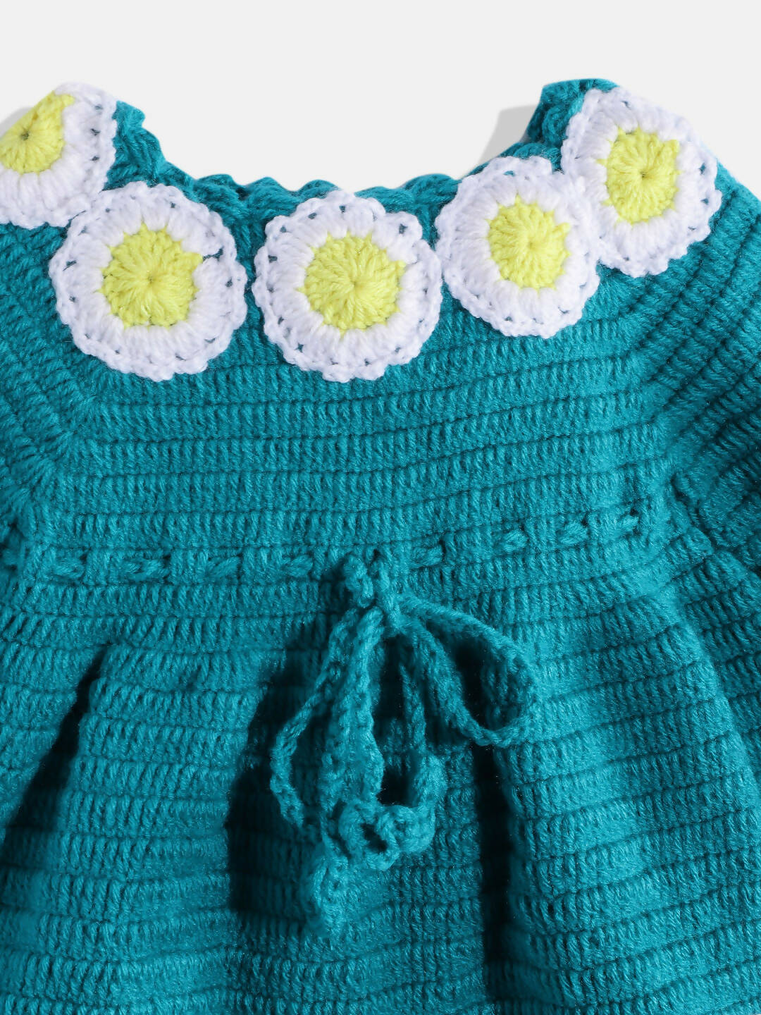 Chutput Kids Woollen Hand Knitted Full Sleeves Daisy Detail Dress For Baby Girls - Sea Green | Grocsy