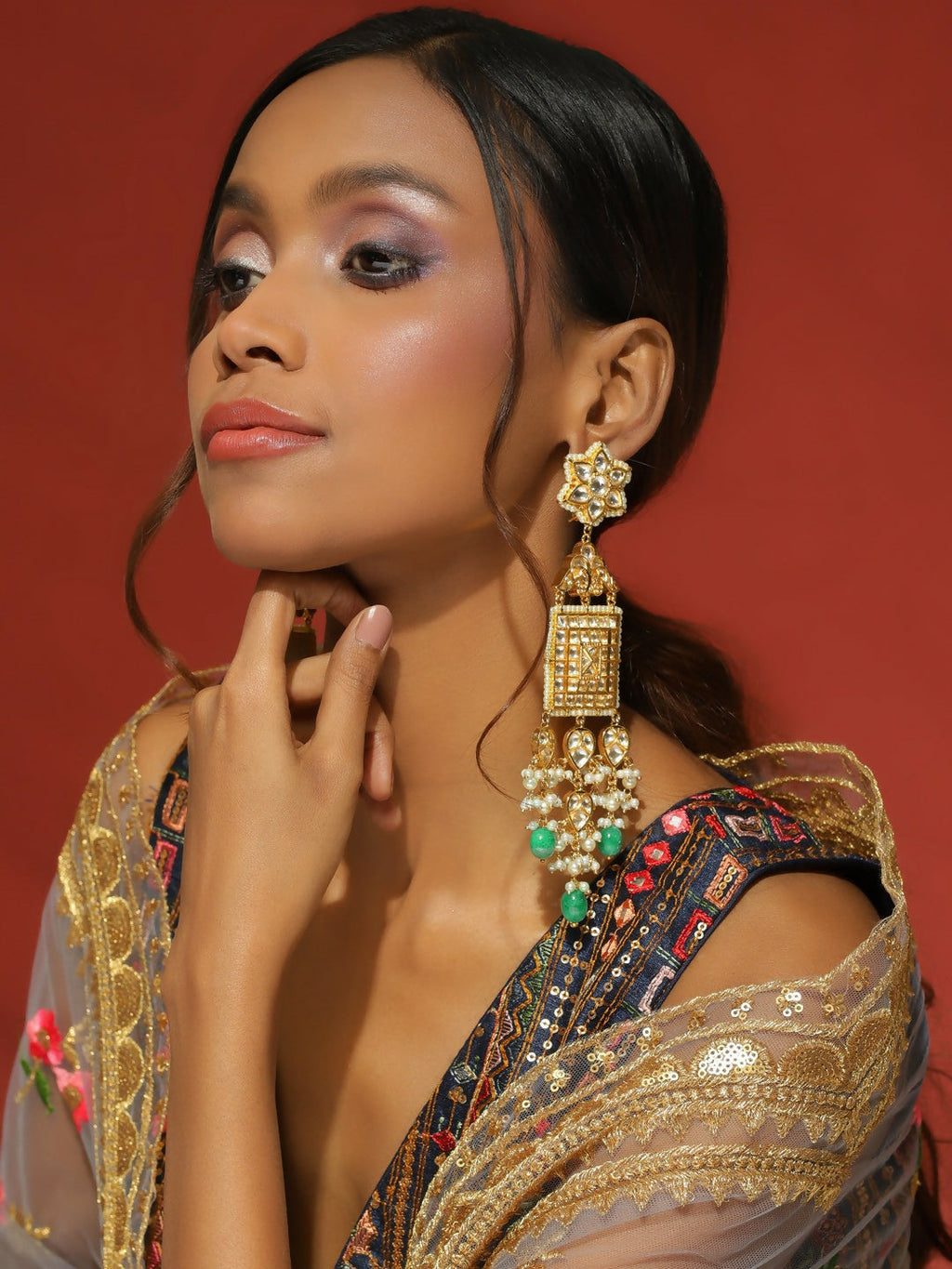 Long Kundan Earrings with Green Stone- Ruby Raang | Grocsy
