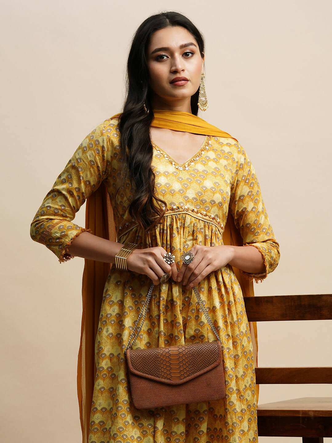 Mustard Pure Cotton Floral Printed Naira Cut Kurta And Bottom With Dupatta - Akashara | Grocsy