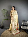 Joban Fashion Off-White Peacock & Floral Motifs Soft Silk Kanchipuram Saree | Grocsy