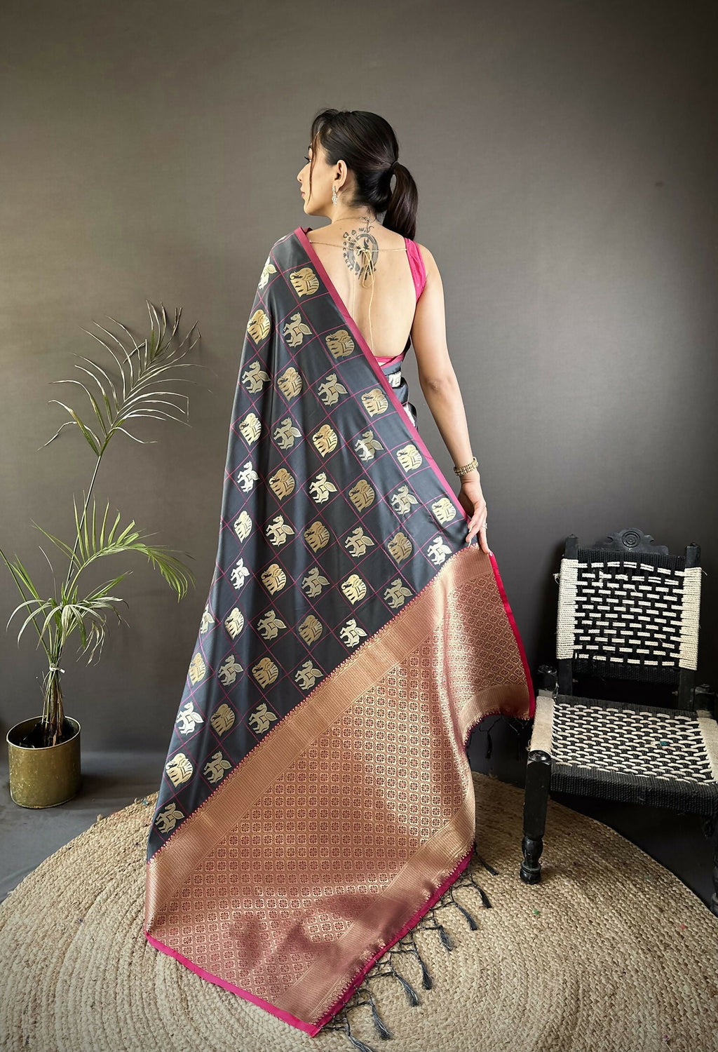 Joban Fashion Grey Elephant Motif Soft Silk Banarasi silk Saree | Grocsy