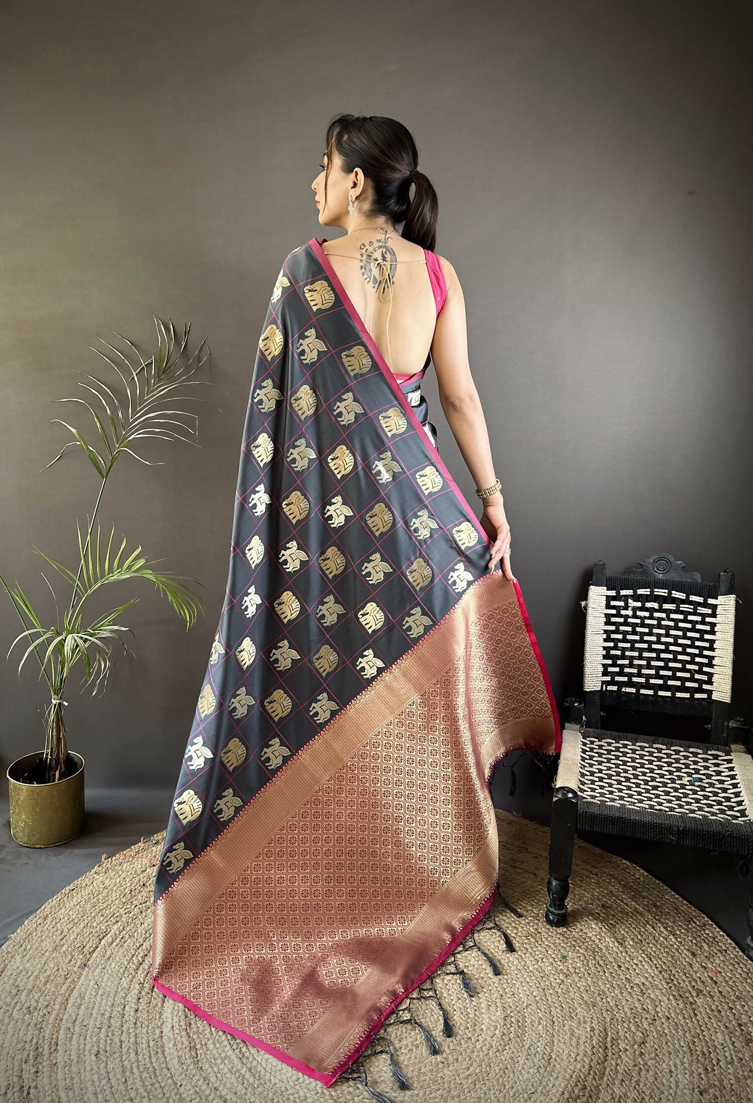 Joban Fashion Grey Elephant Motif Soft Silk Banarasi silk Saree | Grocsy