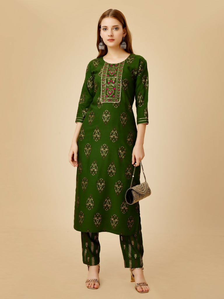 Jyoti Fashion Women's Green Viscose Rayon Embroidered Kurta Pant Set | Grocsy