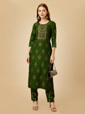 Jyoti Fashion Women's Green Viscose Rayon Embroidered Kurta Pant Set | Grocsy