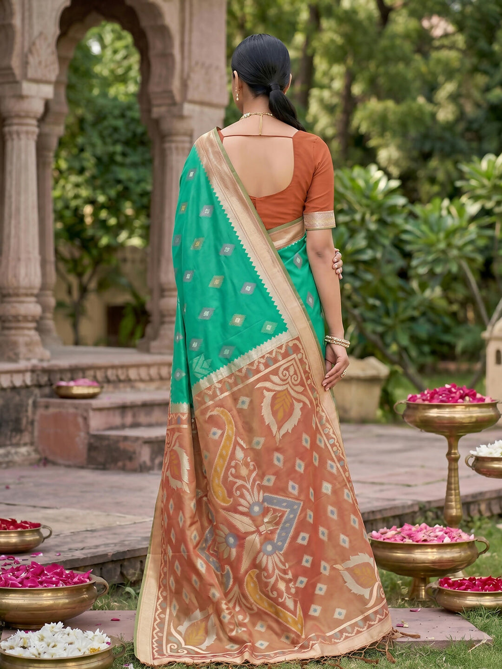 Shree Shyam Fashion Rama Green Soft Silk Saree | Grocsy