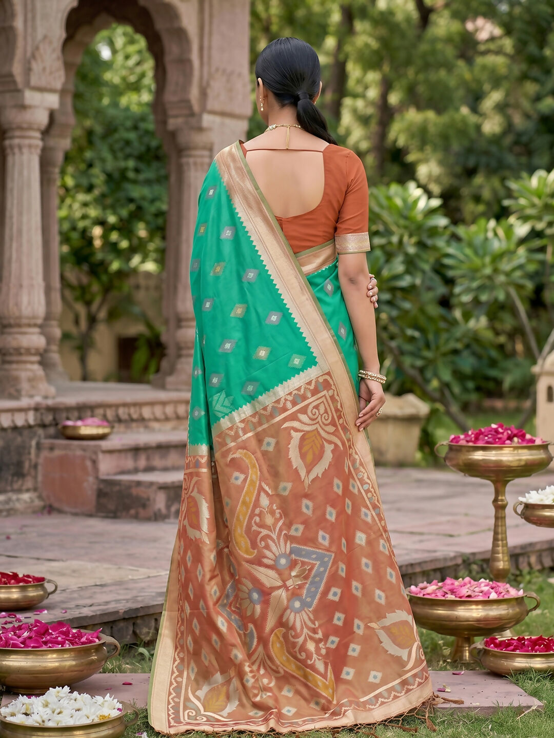 Shree Shyam Fashion Rama Green Soft Silk Saree | Grocsy