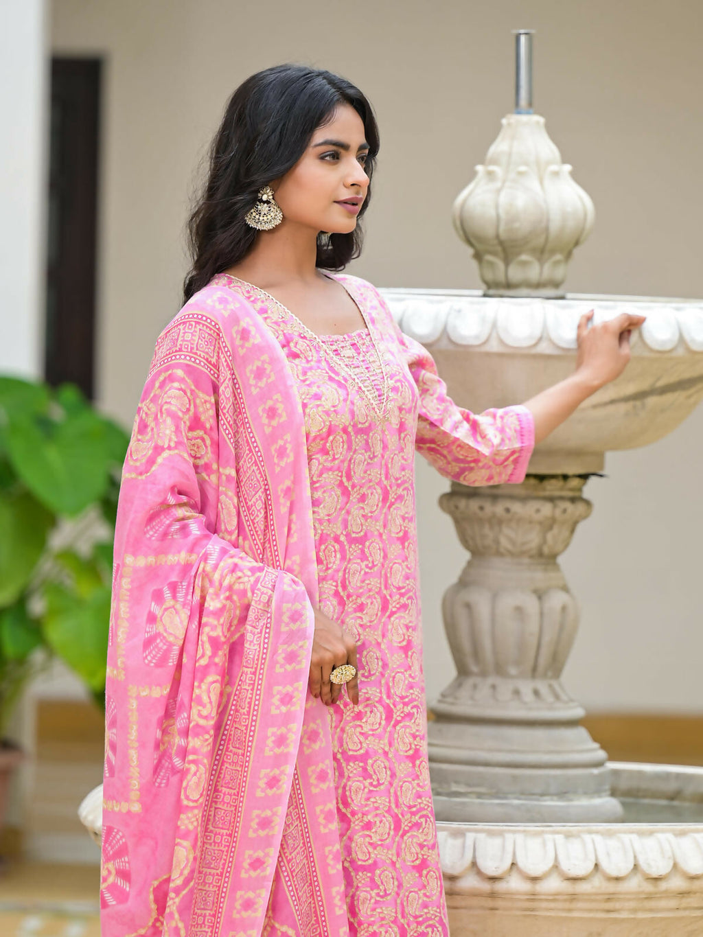 Juniper Women's Pink Ethnic Motif Printed Cotton Kurta Pant With Dupatta Set With Sequins & Lace | Grocsy