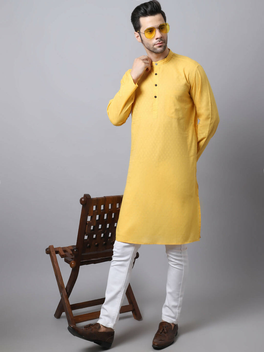 Even Apparels Yellow Pure Cotton Men's Kurta With Band Collar (SLD1183) | Grocsy
