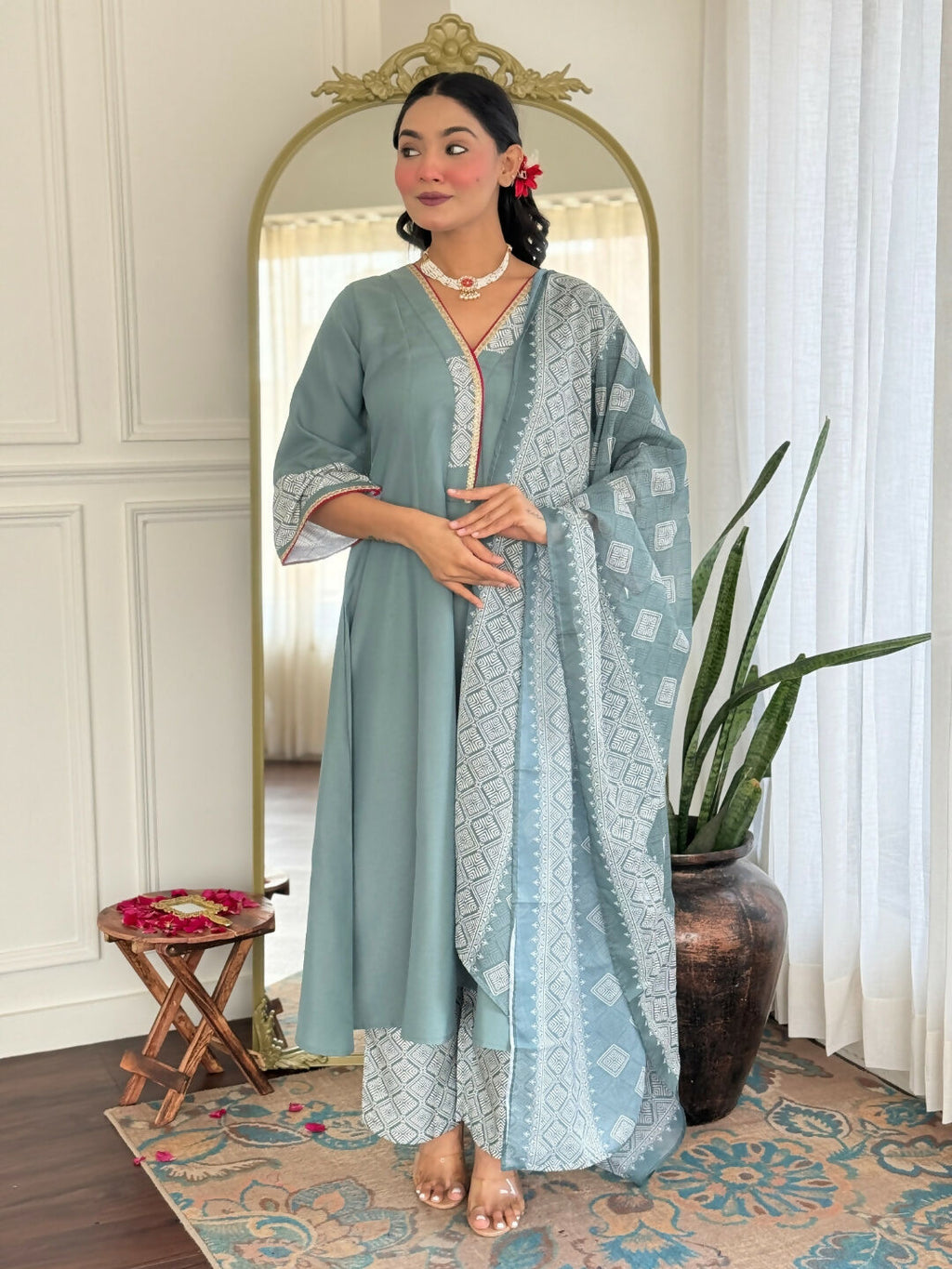 The52 Women's Beautiful Rayon Fabric Embroidery Work A-Line Kurta Pant and Dupatta Set | Grocsy