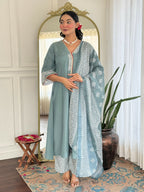 The52 Women's Beautiful Rayon Fabric Embroidery Work A-Line Kurta Pant and Dupatta Set | Grocsy