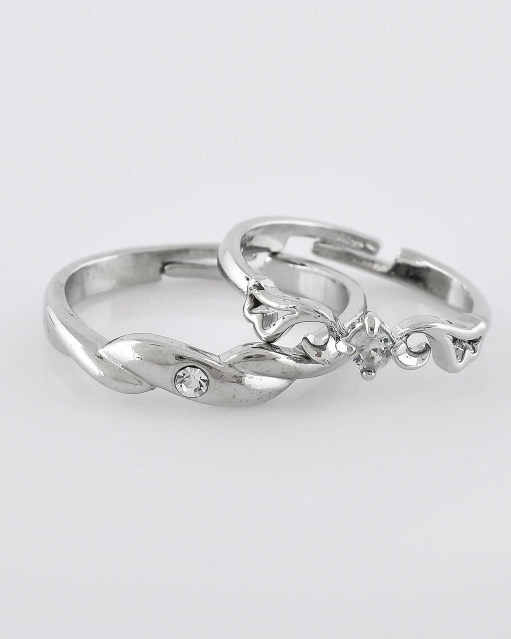 VOJ Stainless Steel Cubic Zirconia Silver Plated Adjustable Ring Set for Couple | Grocsy