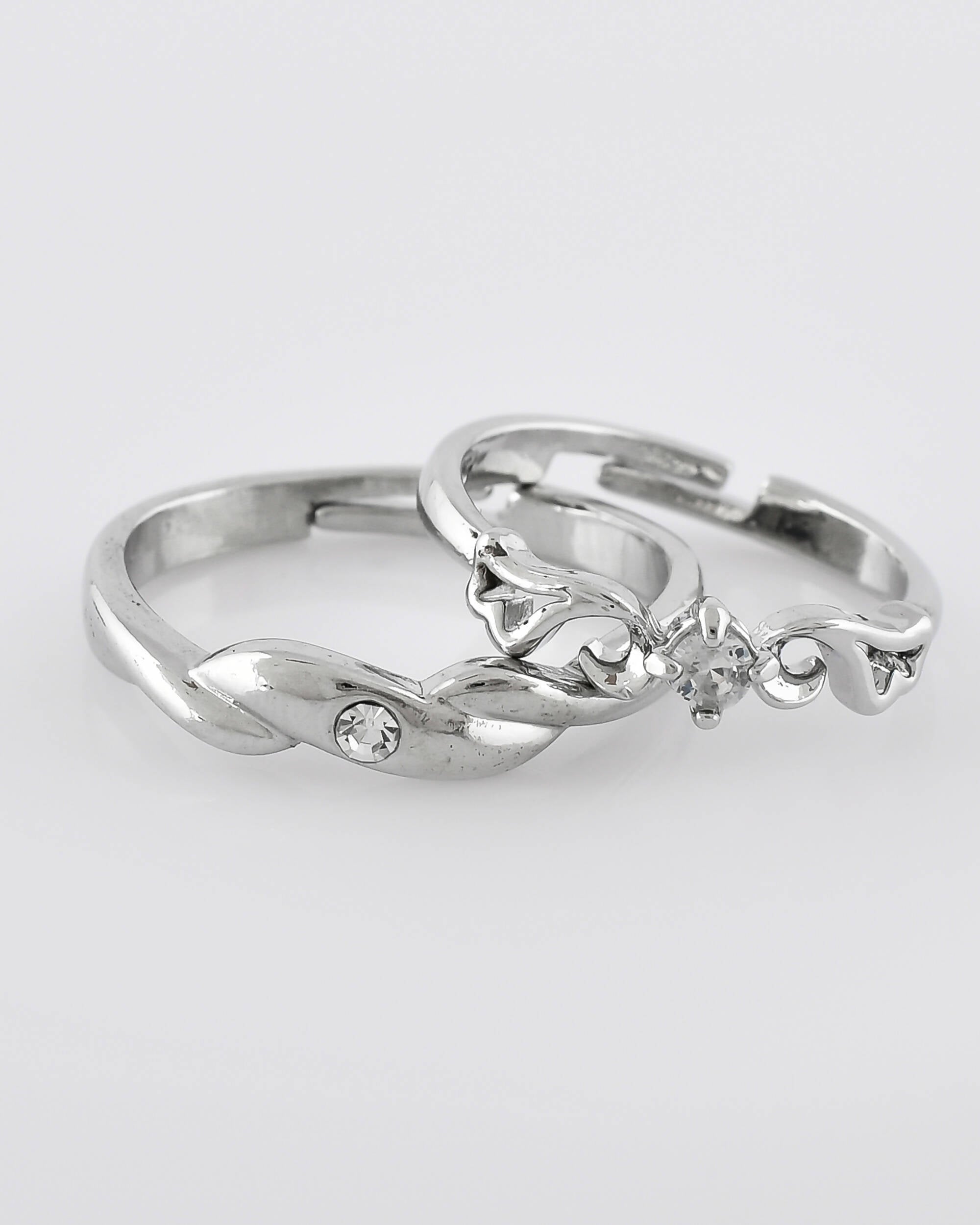 VOJ Stainless Steel Cubic Zirconia Silver Plated Adjustable Ring Set for Couple | Grocsy