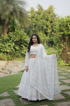 Vastranavya Faux Georgette With Sequins & Thread Embroidered Work Lehenga Choli - White | Grocsy