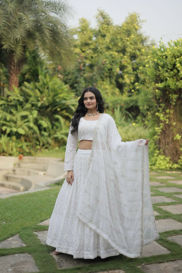 Vastranavya Faux Georgette With Sequins & Thread Embroidered Work Lehenga Choli - White | Grocsy