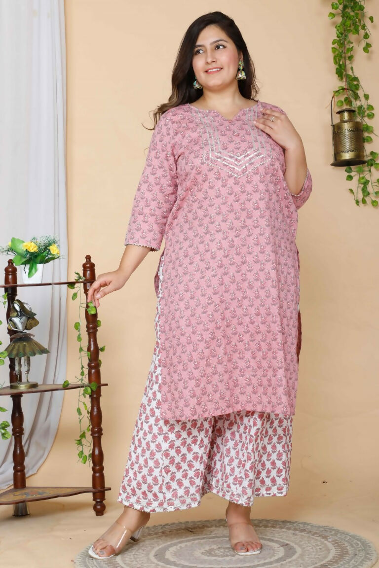 Miravan Women's Plus Size Pink Floral Printed Gotta Patti Pure Cotton Kurta With Palazzo | Grocsy