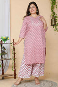 Miravan Women's Plus Size Pink Floral Printed Gotta Patti Pure Cotton Kurta With Palazzo | Grocsy