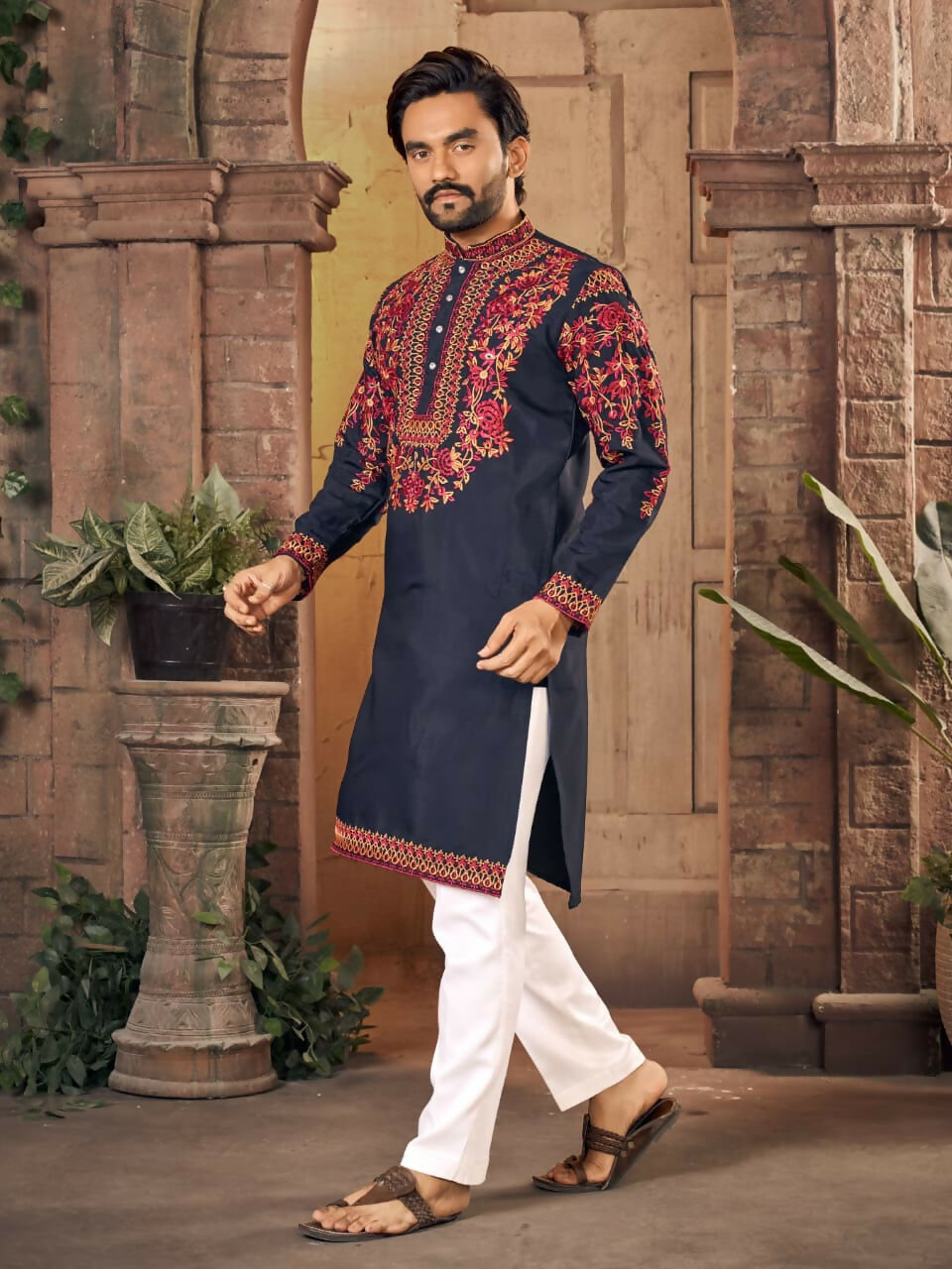 Anaita Blue Multi Thread Work Silk Straight Kurta | Grocsy