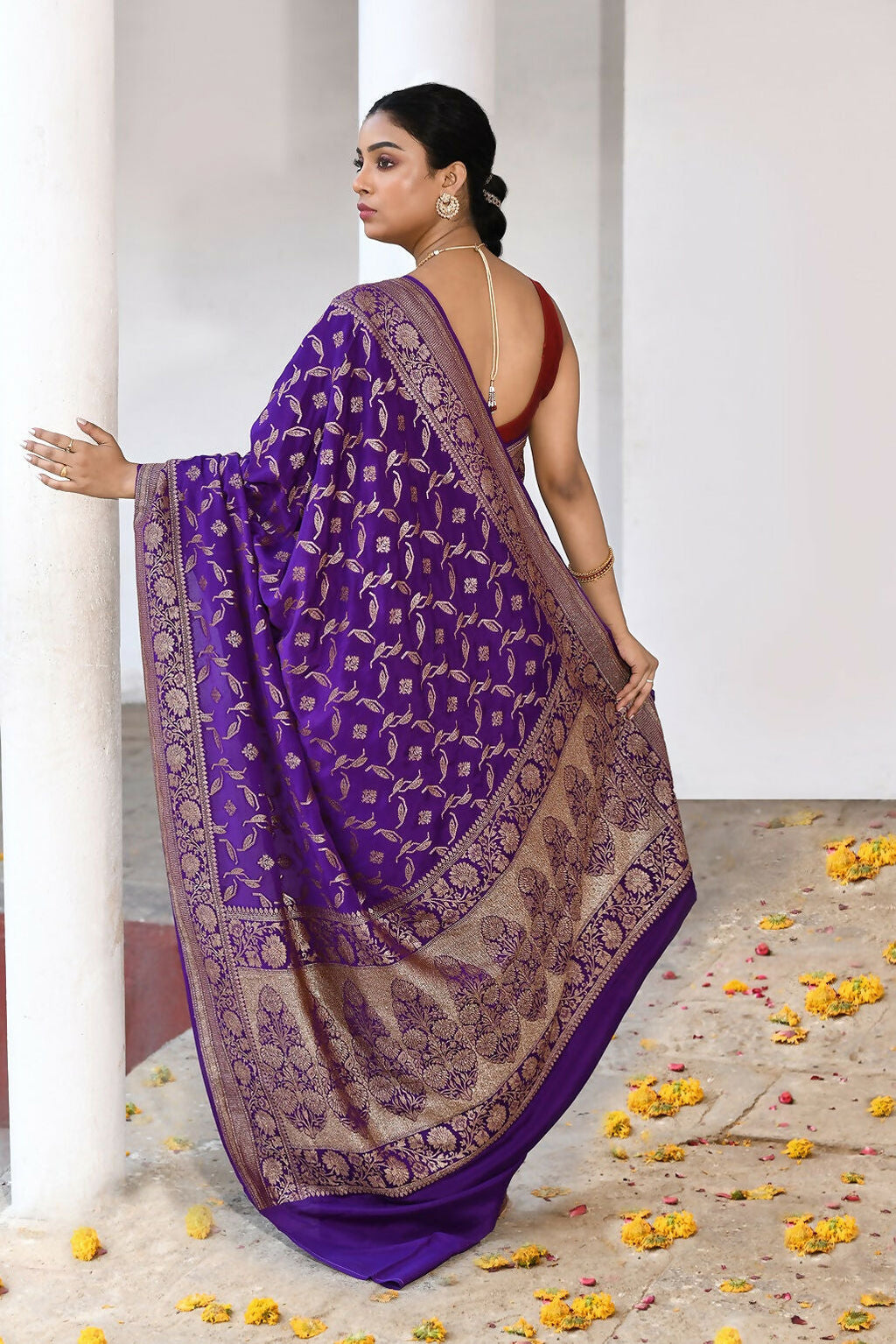 Joban Fashion Purple Crepe Chiffon Pure Handloom Banarasi Silk Saree | Grocsy