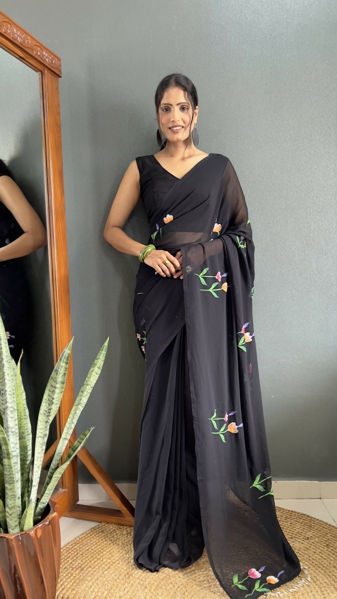 Aayaa Designer 1 min Hand Painted Ready to Wear saree - Black | Grocsy