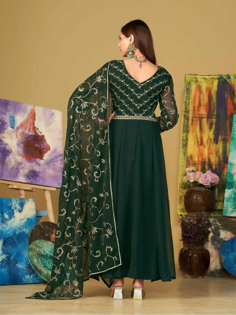 Jyoti Fashion Women's Bottle Green Georgette Embroidered Anarkali Kurta Pant Set With Dupatta | Grocsy