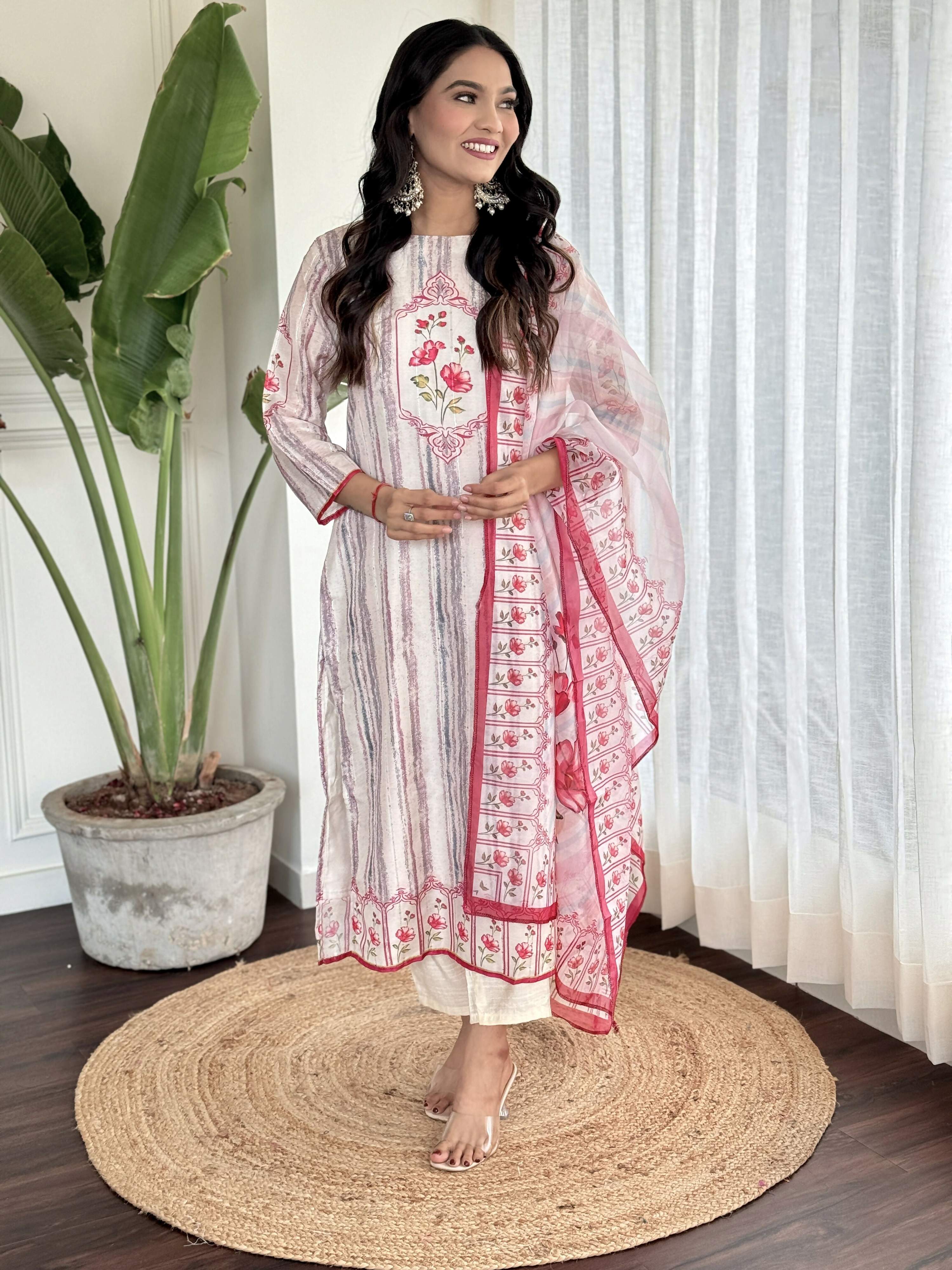 White Multi Viscose Chanderi Stitched Suit With Dupatta - Tanisha | Grocsy