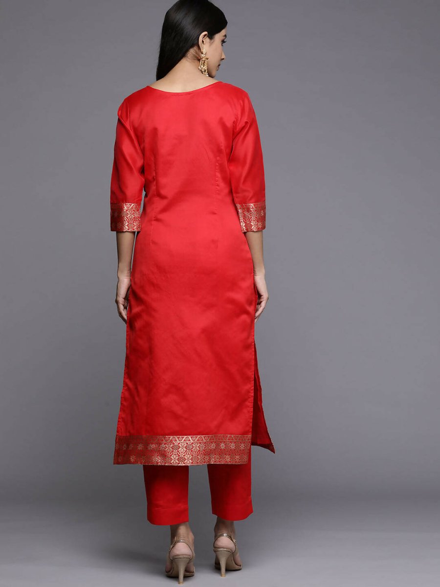 Ahalyaa Women Red Ethnic Motifs Kurta with Trousers | Grocsy
