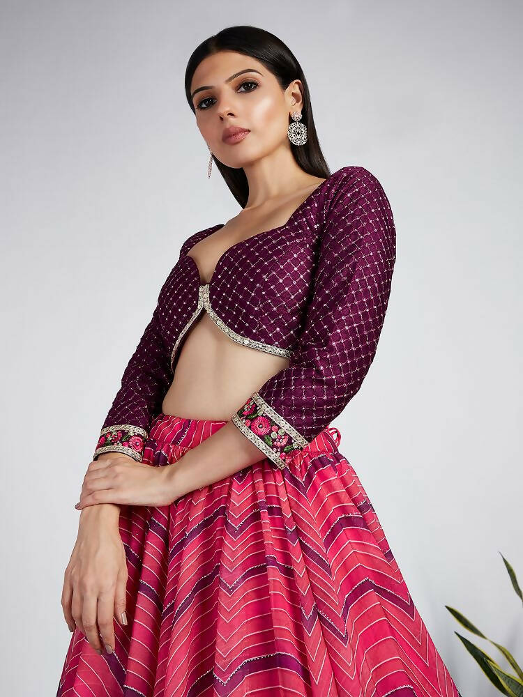 House of Panchhi Rose Organza Siroski Stone Work Leheriya Print Lehenga Choli & Dupatta | Grocsy