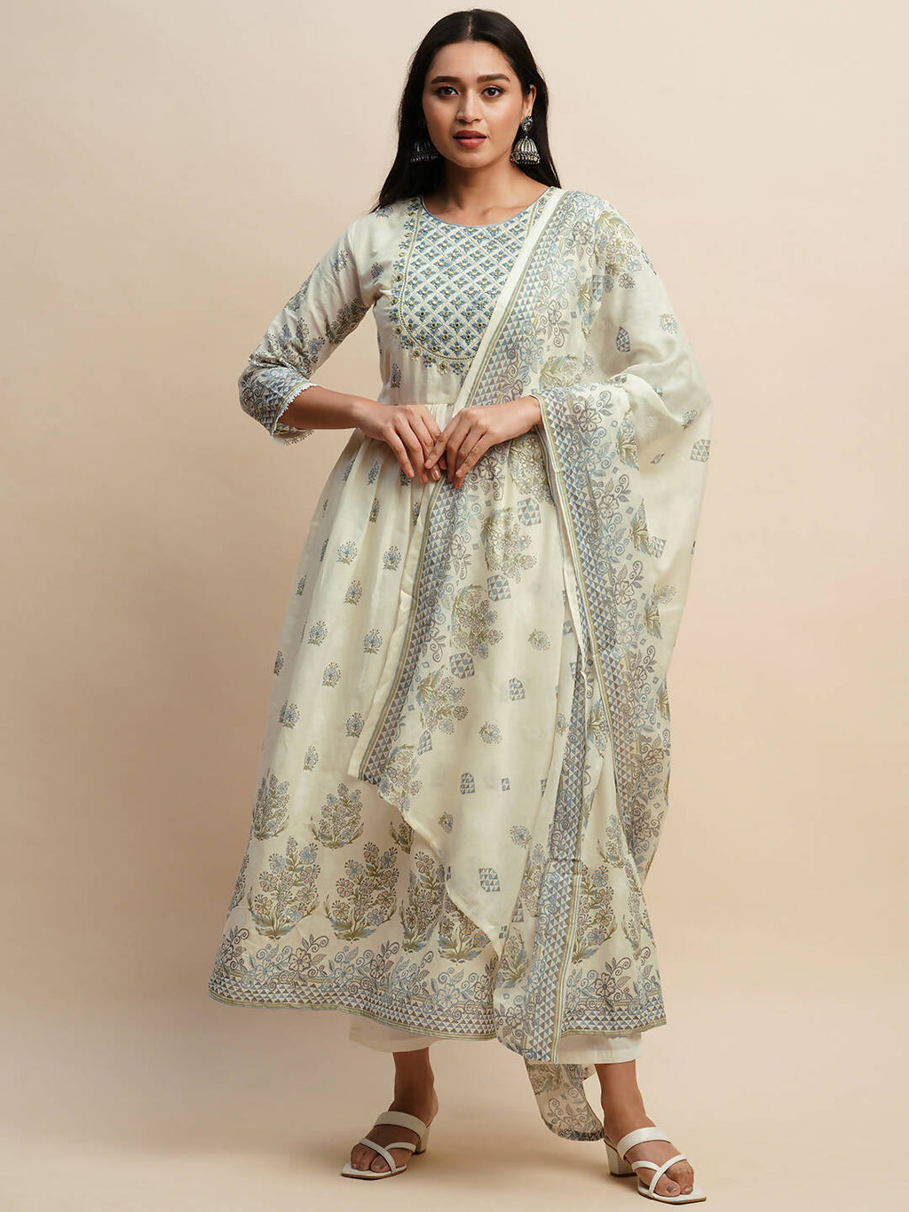 White And Blue Pure Cotton Floral Printed Anarkali Kurta And Bottom With Dupatta - Akashara | Grocsy