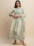 White And Blue Pure Cotton Floral Printed Anarkali Kurta And Bottom With Dupatta - Akashara | Grocsy
