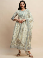White And Blue Pure Cotton Floral Printed Anarkali Kurta And Bottom With Dupatta - Akashara | Grocsy
